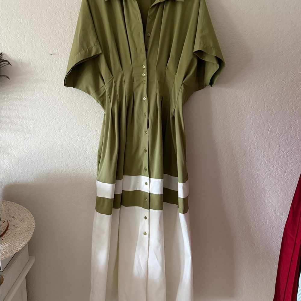 Elegant Olive Green and White Dress
